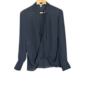 Derek Lam 10 Crosby Size 0 Navy Blue 100% Silk Draped Tie Front Blouse